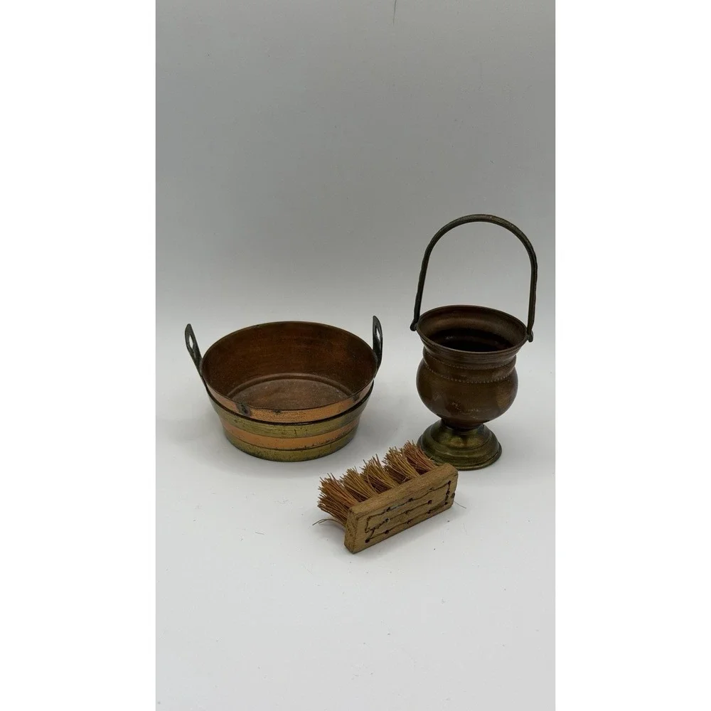 Miniature Doll Copper Basket & Wash Bucket w/ Brush‎ Vintage Victorian 2